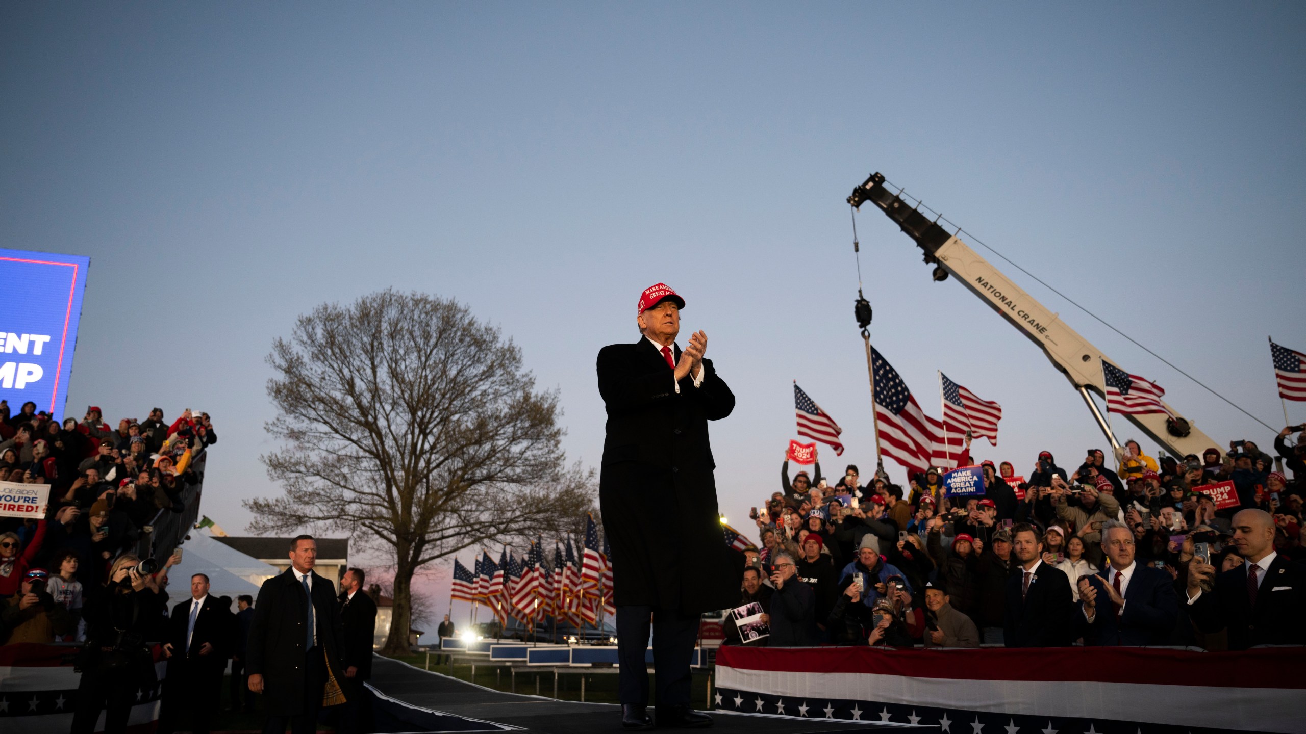 Former U.S. President Donald Trump greets attendees during a campaign event in Schnecksville, Pa., on Saturday, April 13, 2024. (AP Photo/Joe Lamberti)