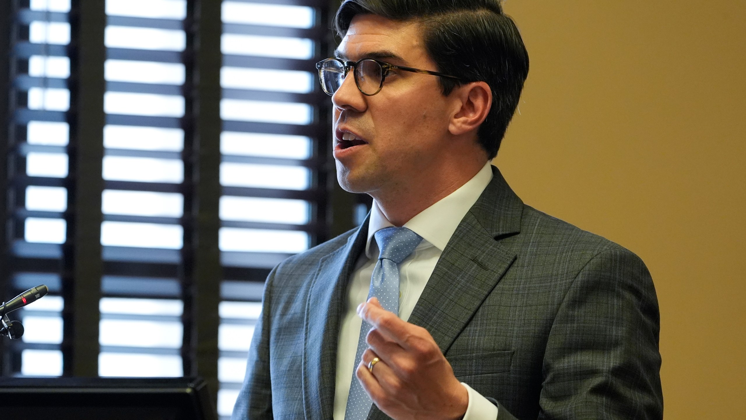 Rocky King, attorney for the The for Covenant Presbyterian Church, presents arguments against the release of documents and the journals of the Covenant School shooter during a Chancery Court hearing Tuesday, April 16, 2024, in Nashville, Tenn. (AP Photo/George Walker IV)