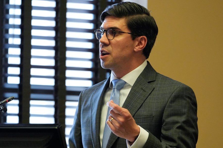 Rocky King, attorney for the The for Covenant Presbyterian Church, presents arguments against the release of documents and the journals of the Covenant School shooter during a Chancery Court hearing Tuesday, April 16, 2024, in Nashville, Tenn. (AP Photo/George Walker IV)