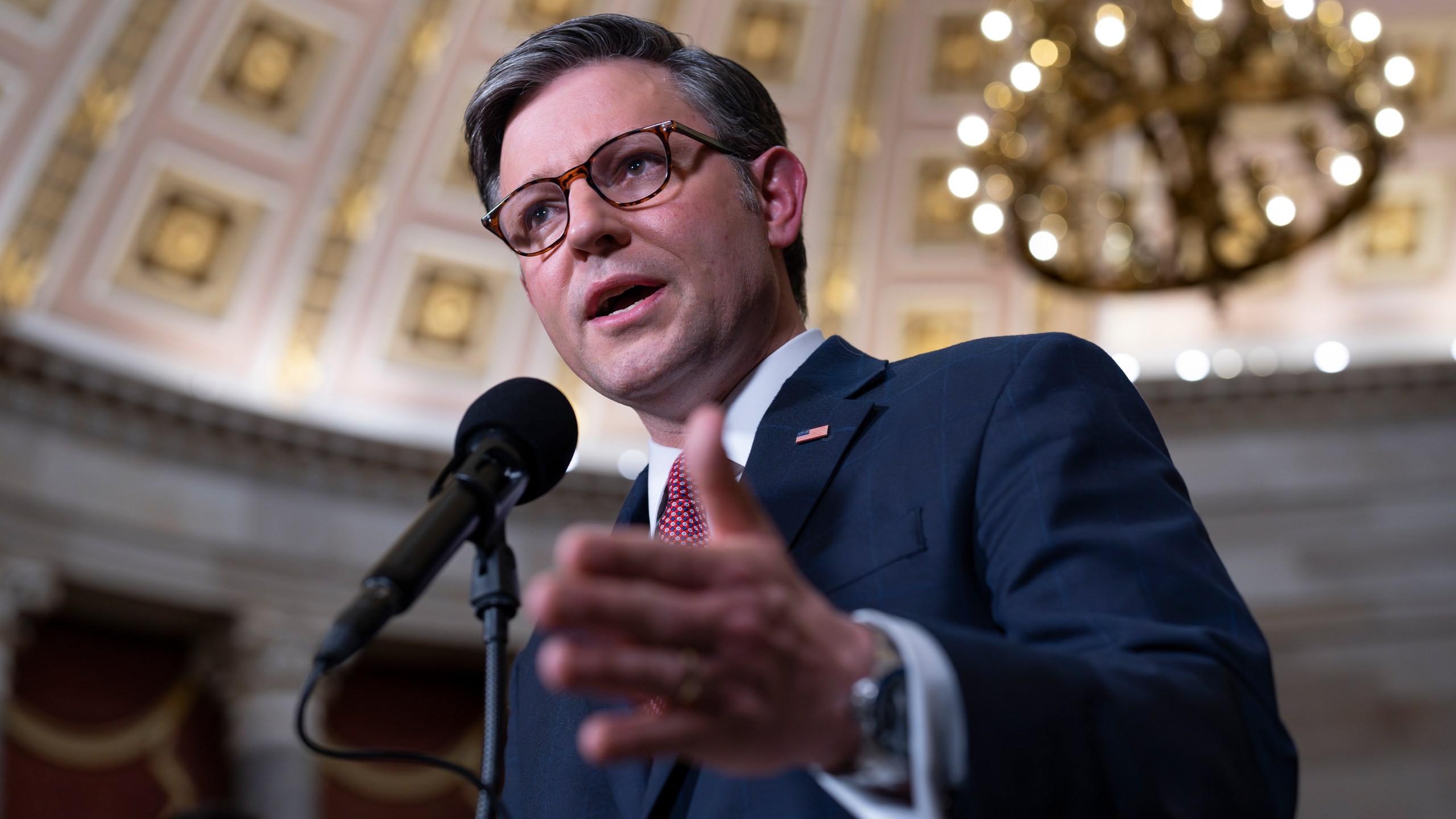 Speaker of the House Mike Johnson, R-La., speaks with reporters to discuss his proposal of sending crucial bipartisan support to aid Ukraine, Israel and Taiwan after weeks of inaction, at the Capitol in Washington, Wednesday, April 17, 2024. (AP Photo/J. Scott Applewhite)