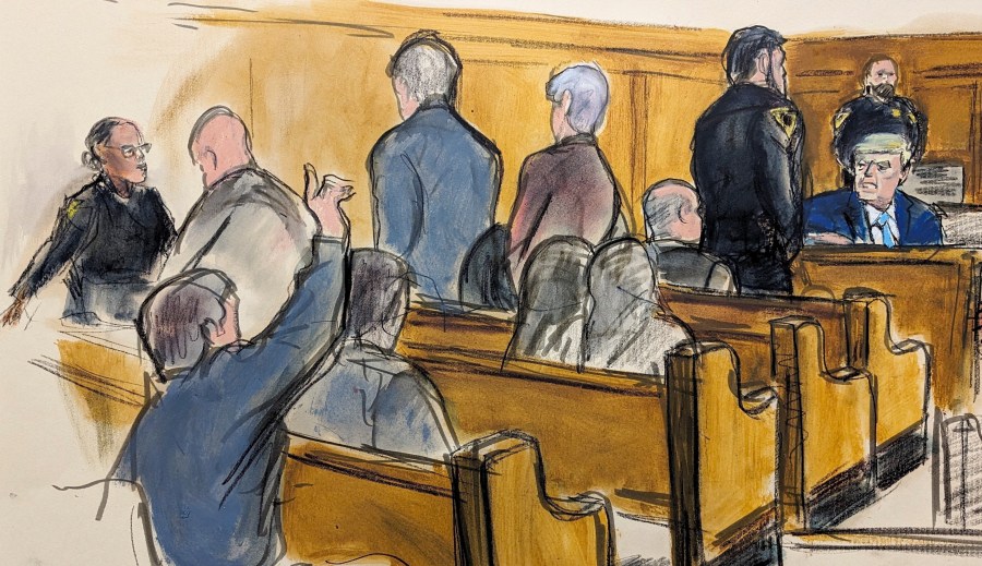 In this courtroom sketch, former President Donald Trump far right, turns around and looks at prospective jurors who raised their hands requesting to be excused from the jury panel in Manhattan Criminal Court, Thursday, April 18, 2024, in New York. (Elizabeth Williams via AP, Pool)