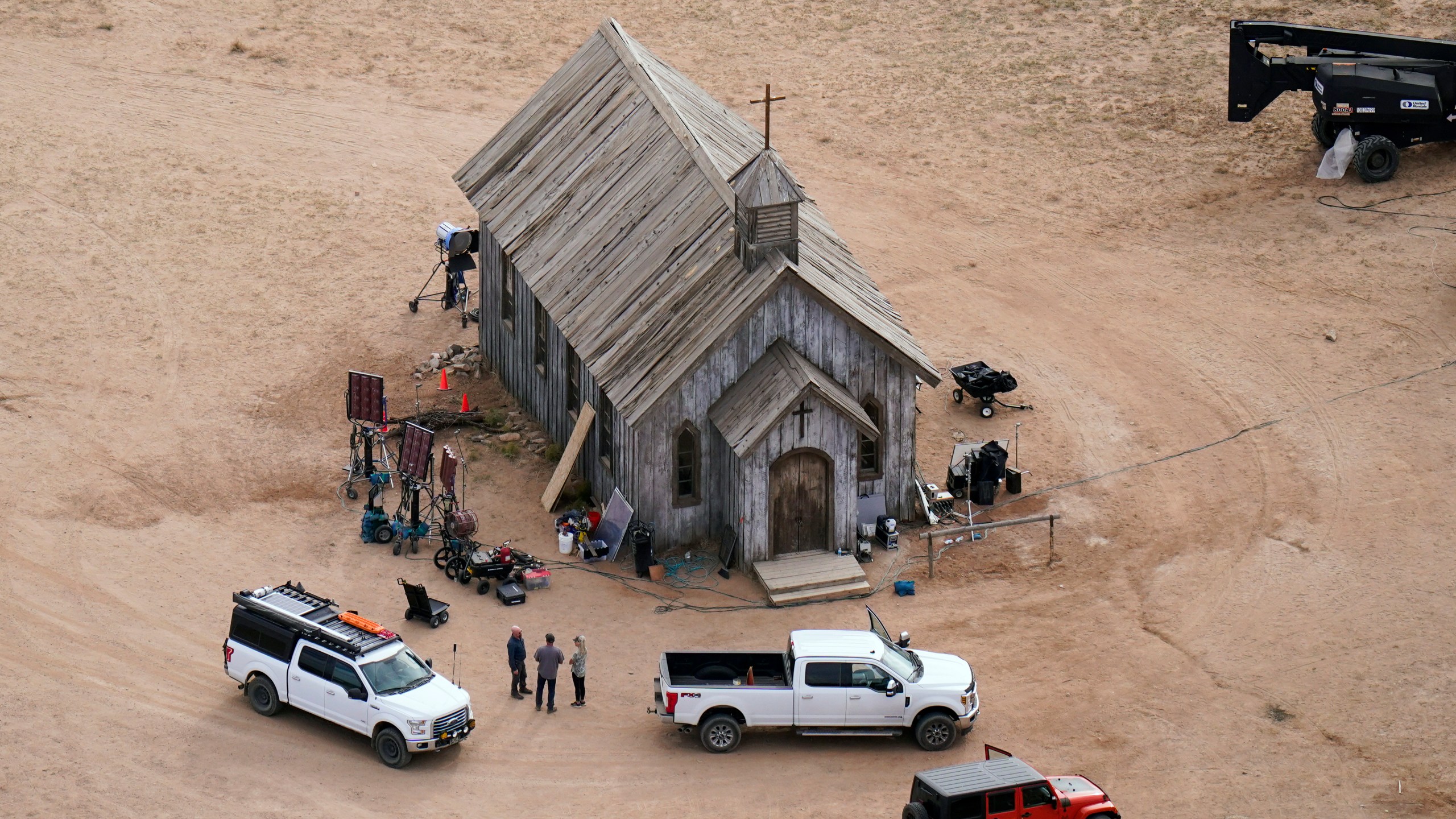 FILE - This aerial photo shows the Bonanza Creek Ranch in Santa Fe, New Mexico, Oct. 23, 2021, used for the film "Rust." A New Mexico judge Monday, April 15, 2024, sentenced “Rust” movie armorer to 18 months in prison for fatal on-set shooting by Alec Baldwin. (AP Photo/Jae C. Hong, File)