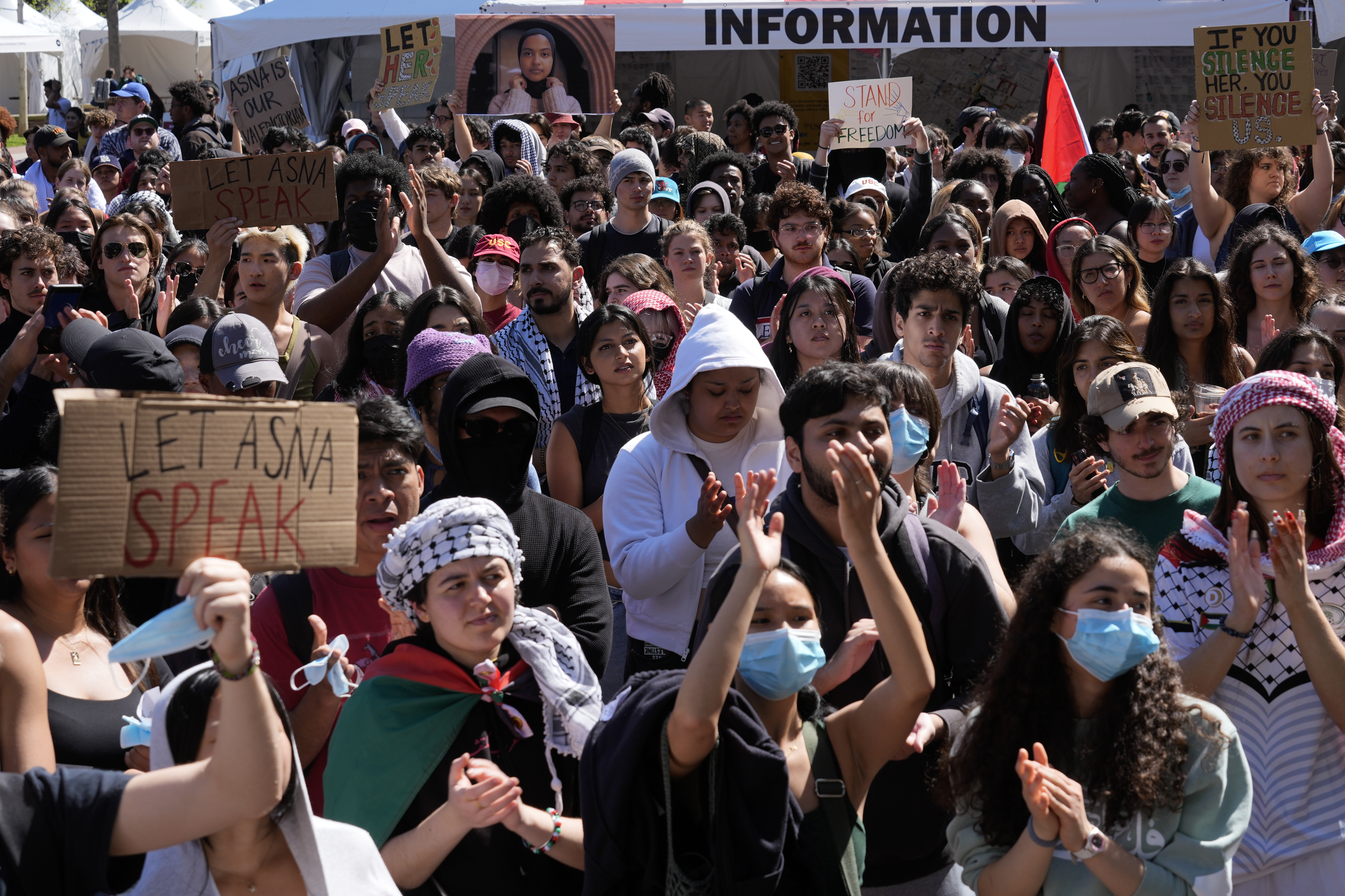 Students protest a canceled commencement speech by its 2024 valedictorian who has publicly supported Palestinians on the campus of University of Southern California on Thursday, April 18, 2024. The University of Southern California was citing security concerns, in a rare decision that was praised by several pro-Israel groups and lambasted by free speech advocates and the country's largest Muslim civil rights organization. (AP Photo/Damian Dovarganes)