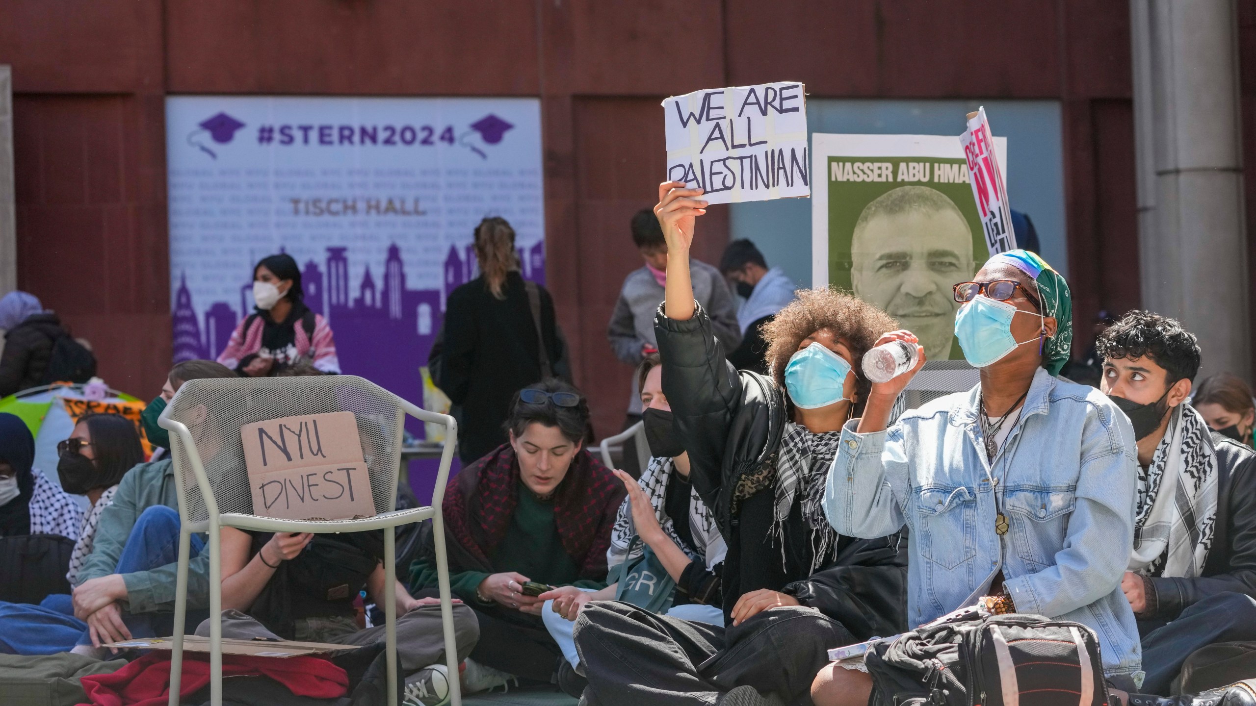 New York University students and pro-Palestinian supporters rally outside the NYU Stern School of Business building, Monday, April 22, 2024, in New York. (AP Photo/Mary Altaffer)