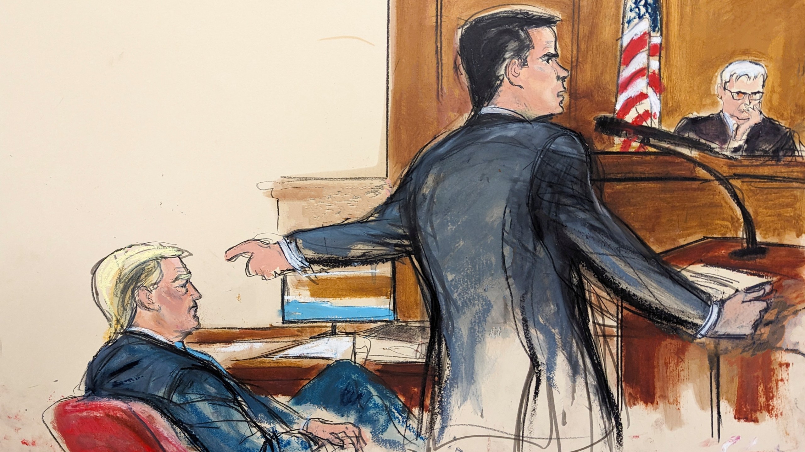 This artist depiction shows defense attorney Todd Blanche pointing at former President Donald Trump while giving his opening statement to the jury in Manhattan criminal court Monday, April 22, 2024, in New York. (Elizabeth Williams via AP)