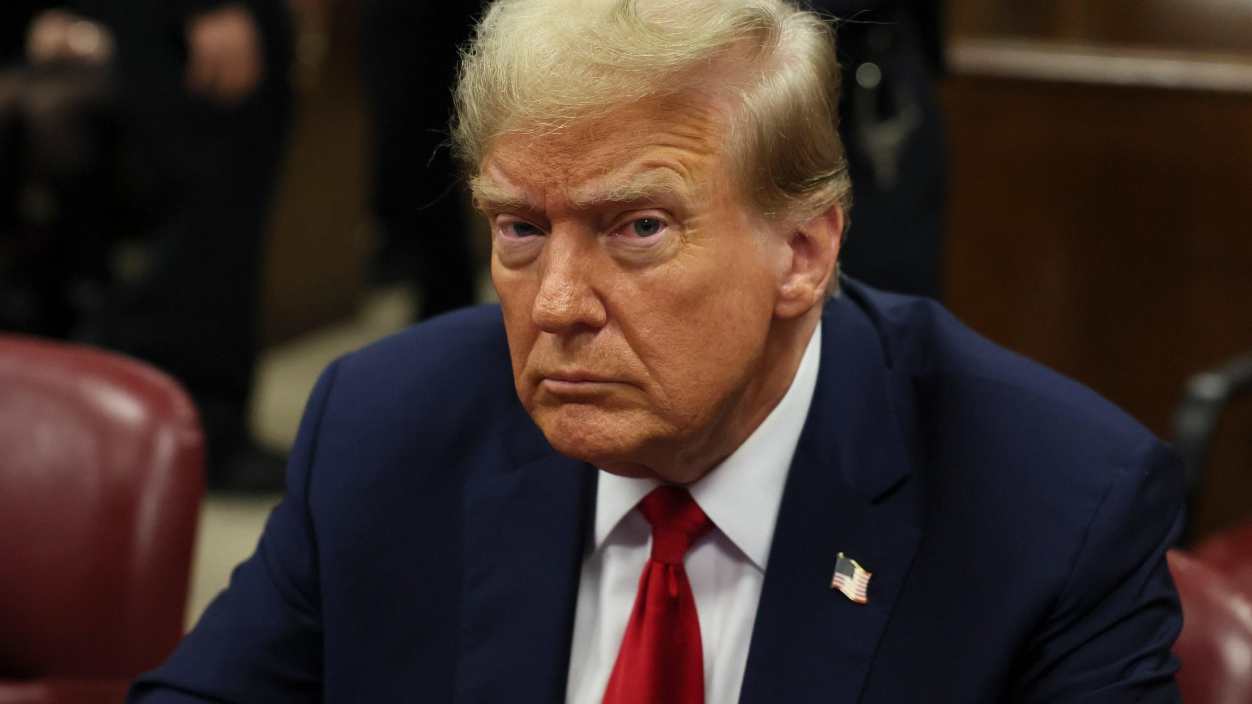 Republican presidential candidate and former President Donald Trump sits in Manhattan state court in New York, Monday, April 23, 2024. (Brendan McDermid/Pool Photo via AP)