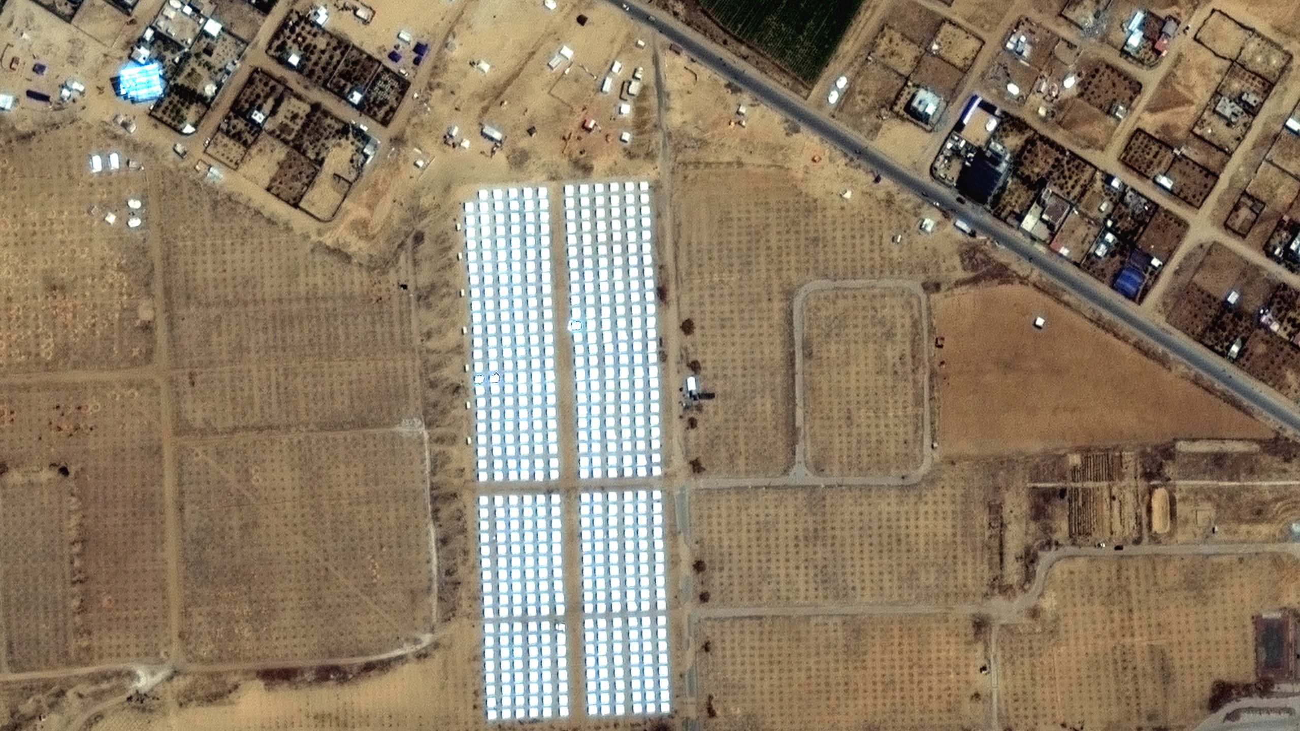 This image provided by Maxar Technologies, shows a rows of tents built near Khan Younis in Gaza on April 23, 2024. (Satellite image ©2024 Maxar Technologies via AP)