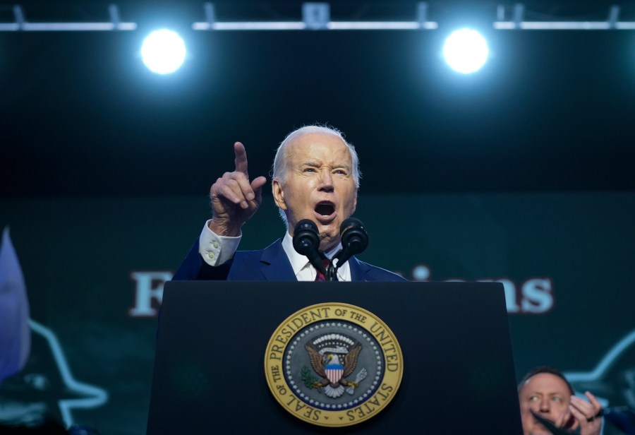 President Joe Biden speaks to the North America's Building Trade Union National Legislative Conference, Wednesday, April 24, 2024, in Washington. (AP Photo/Evan Vucci)