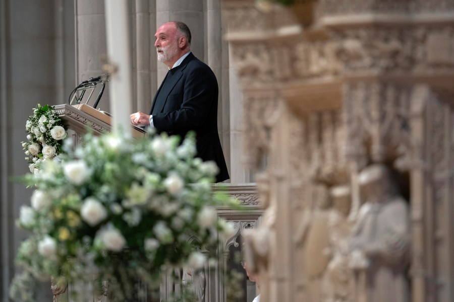 Chef Jose Andres, founder of the American NGO World Central Kitchen, speaks during the World Central Kitchen's memorial service at the National Cathedral, Thursday, April 25, 2024, in Washington. The memorial service is honoring seven World Central Kitchen aid workers killed by Israeli strikes in Gaza this month. (AP Photo/Jose Luis Magana)