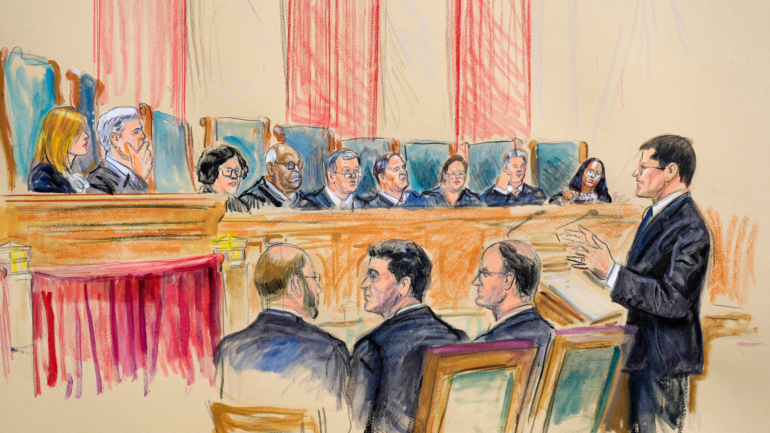 The artist sketch depicts former President Donald Trump's attorney John Sauer, far right, speaking before the Supreme Court about whether Trump is immune from prosecution in a case charging him with plotting to overturn the results of the 2020 presidential election, on Capitol Hill in Washington, Thursday, April 25, 2024. (Dana Verkouteren via AP))