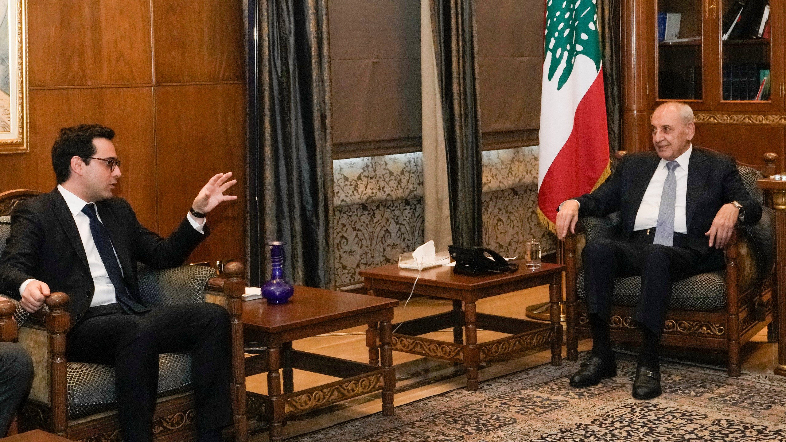 French Foreign Minister Stephane Sejourne, left, speaks with Parliament Speaker Nabih Berri during their meeting in Beirut, Lebanon, Sunday, April 28, 2024. (AP Photo/Hassan Ammar)