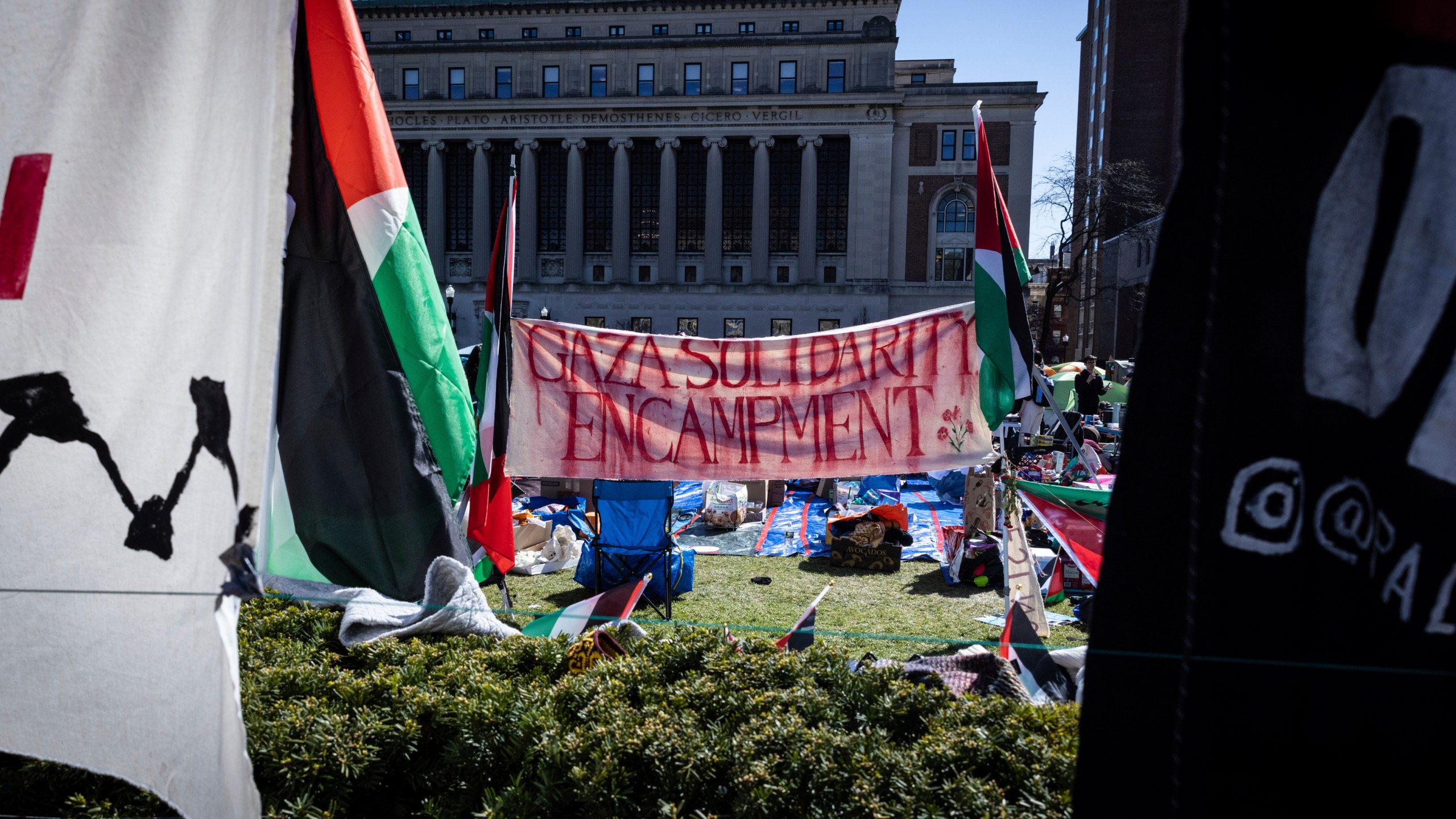 FILE - A sign that reads, "Gaza Solidarity Encampment," is seen during the pro-Palestinian protest at the Columbia University campus in New York, Monday April 22, 2024. (AP Photo/Stefan Jeremiah, File)