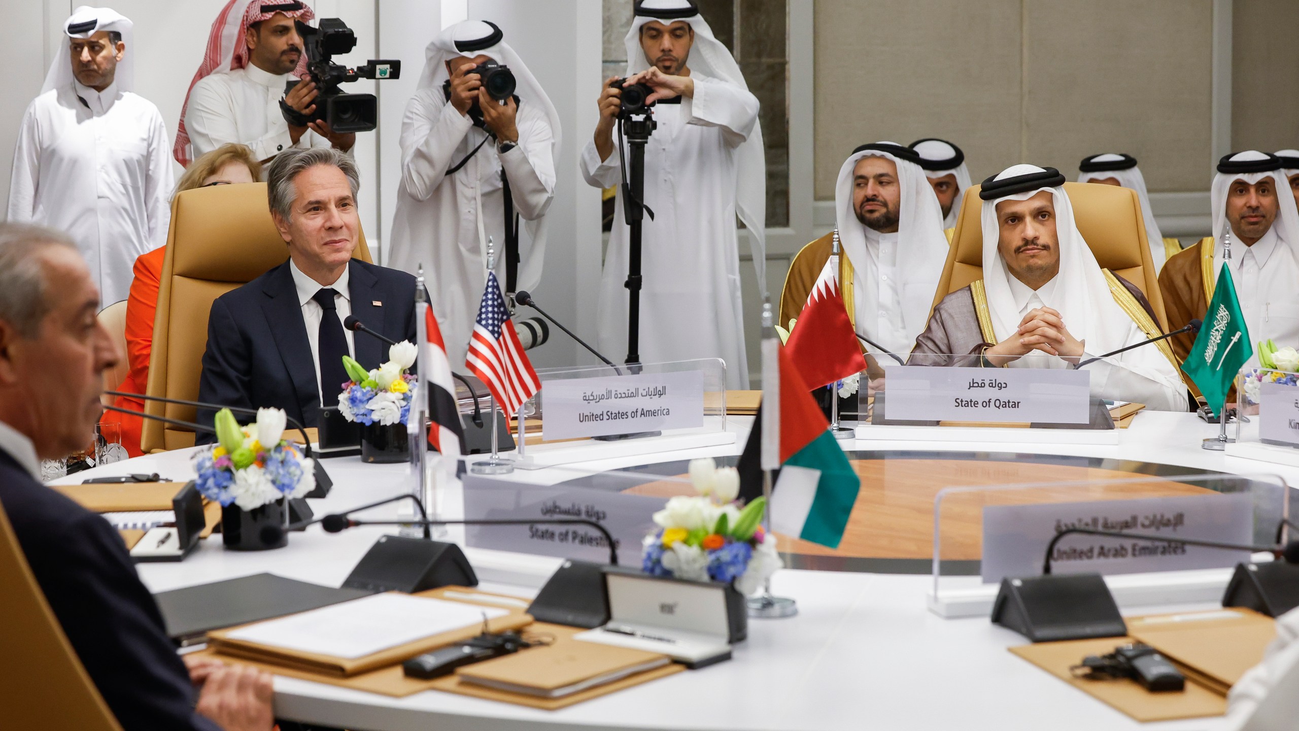 U.S. Secretary of State Antony Blinken, sitting second from left, attends the U.S.-Arab Quint Meeting with representatives from Egypt, Jordan, Saudi Arabia, Qatar, the United Arab Emirates and the Palestinian Authority, at the Four Seasons Hotel in Riyadh, Saudi Arabia, Monday April 29, 2024. (Evelyn Hockstein/Pool via AP)