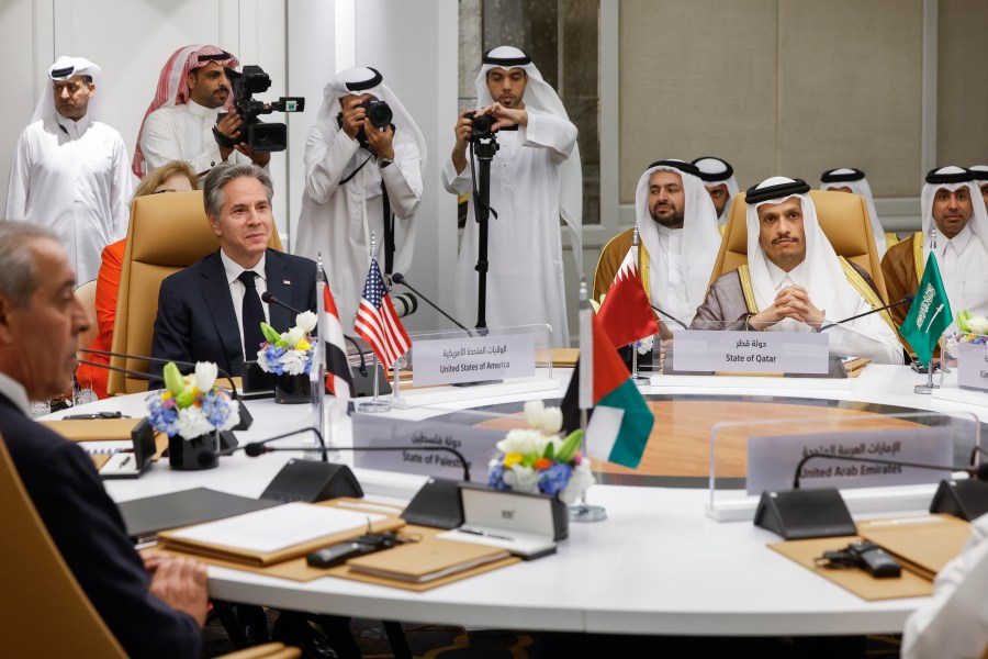 U.S. Secretary of State Antony Blinken, sitting second from left, attends the U.S.-Arab Quint Meeting with representatives from Egypt, Jordan, Saudi Arabia, Qatar, the United Arab Emirates and the Palestinian Authority, at the Four Seasons Hotel in Riyadh, Saudi Arabia, Monday April 29, 2024. (Evelyn Hockstein/Pool via AP)