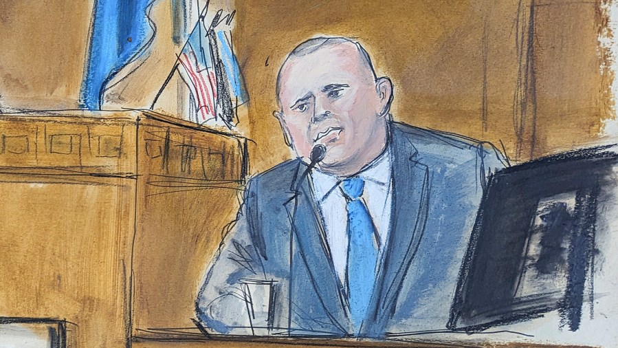 Gary Farro, a private client adviser who previously worked at First Republic Bank, testifies on the witness stand in Manhattan criminal court, Friday, April 26, 2024, in New York. (Elizabeth Williams via AP)