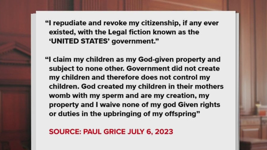 NewsNation obtained land records Paul Grice had filed last year stating children were his "creation" and not subject to government control.