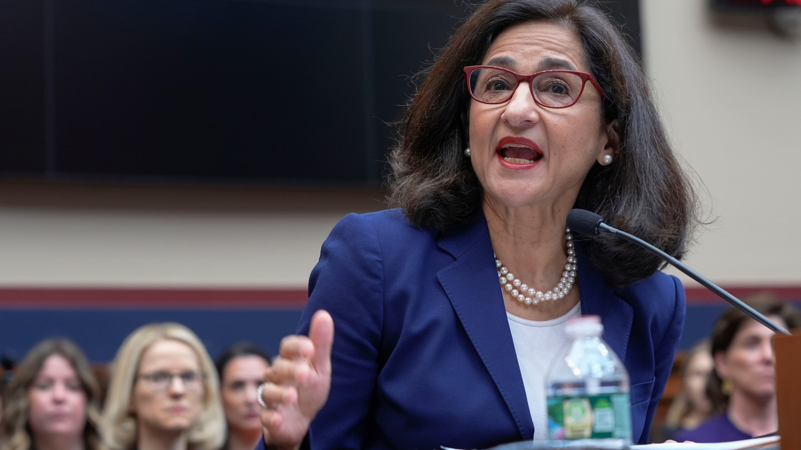 FILE -President of Columbia University Nemat Shafik testifies before the House Committee on Education and the Workforce hearing on "Columbia in Crisis: Columbia University's Response to Antisemitism" on Capitol Hill in Washington, Wednesday, April 17, 2024. Columbia University president Nemat (Minouche) Shafik is no stranger to navigating complex international issues, having worked at some of the world’s most prominent global financial institutions.(AP Photo/Mariam Zuhaib, File)