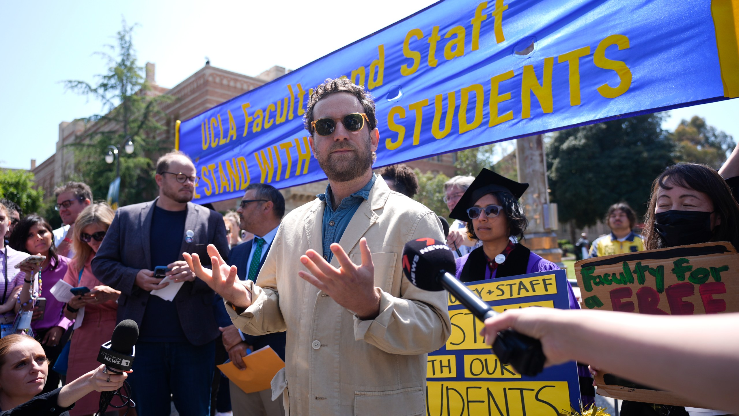 UCLA professor Nick Shapiro speaks at a news conference on the UCLA campus, after nighttime clashes between Pro-Israel and Pro-Palestinian groups, Wednesday, May 1, 2024, in Los Angeles. (AP Photo/Jae C. Hong)