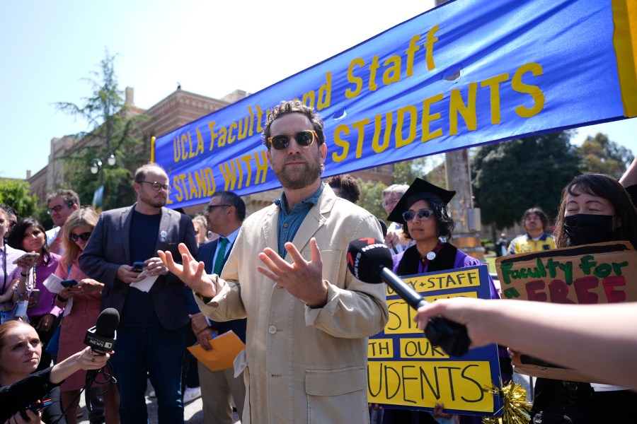 UCLA professor Nick Shapiro speaks at a news conference on the UCLA campus, after nighttime clashes between Pro-Israel and Pro-Palestinian groups, Wednesday, May 1, 2024, in Los Angeles. (AP Photo/Jae C. Hong)