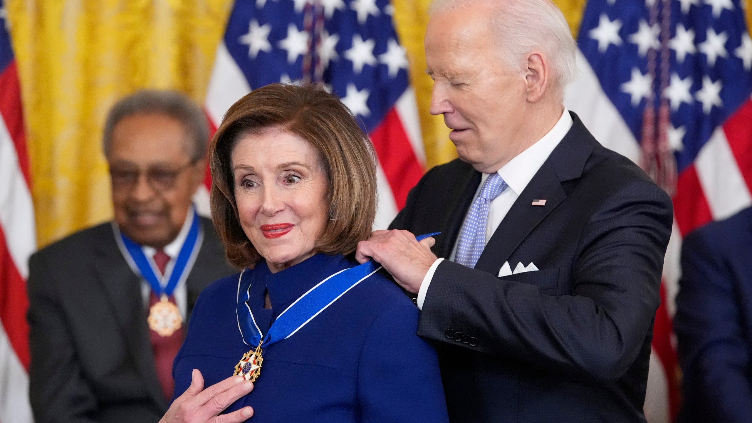 President Joe Biden awards the nation's highest civilian honor, the Presidential Medal of Freedom, to Rep. Nancy Pelosi, D-Calif., during a ceremony in the East Room of the White House, Friday, May 3, 2024, in Washington. (AP Photo/Alex Brandon)