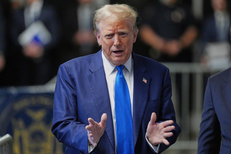 Former President Donald Trump speaks to media as he returns to his trial at the Manhattan Criminal Court, Friday, May 3, 2024, in New York. (Curtis Means/Pool Photo via AP)