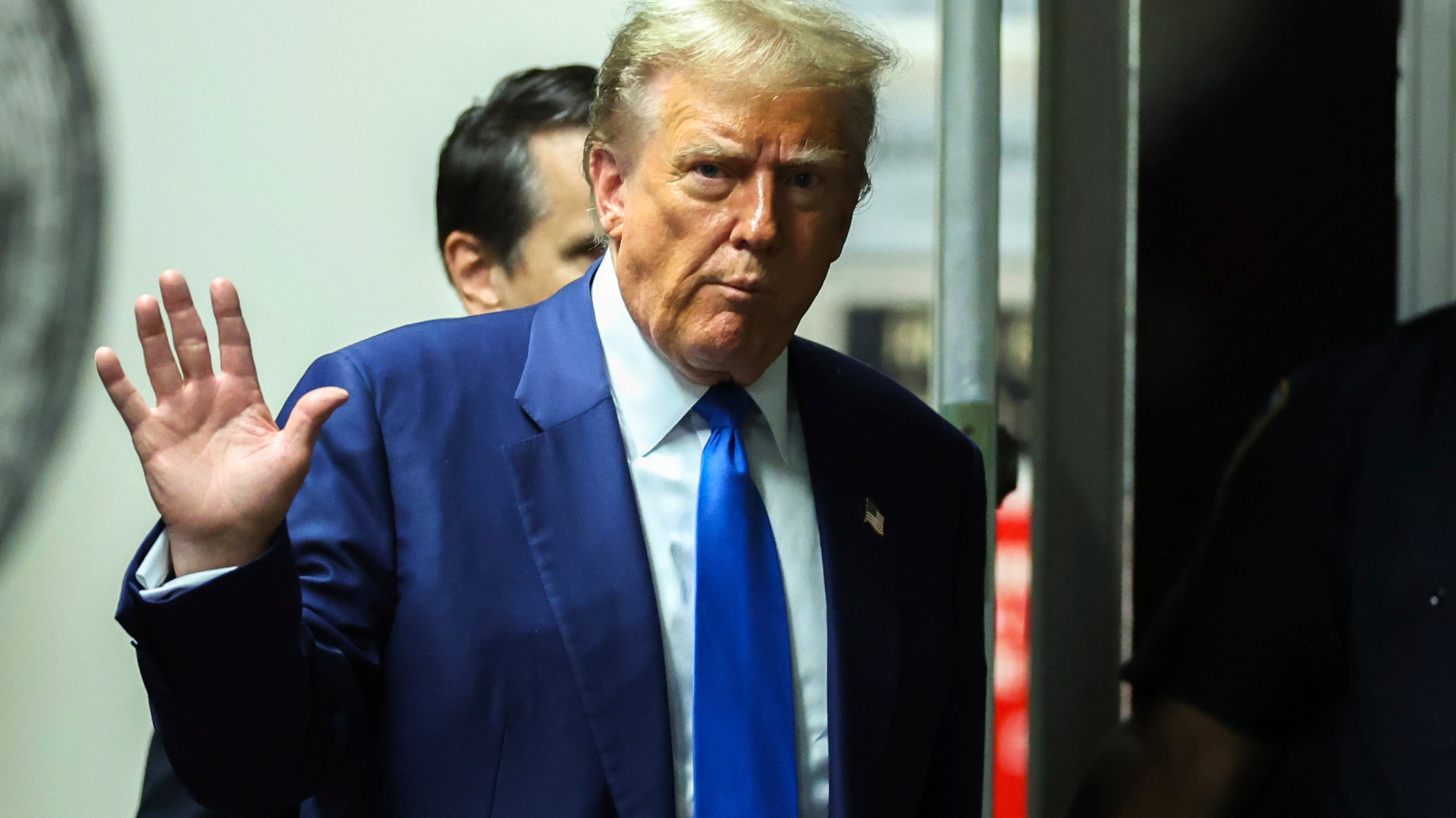 Former President Donald Trump returns to the courtroom following a break in his trial at Manhattan criminal court in New York, on Friday, May 3, 2024. (Charly Triballeau/Pool Photo via AP)