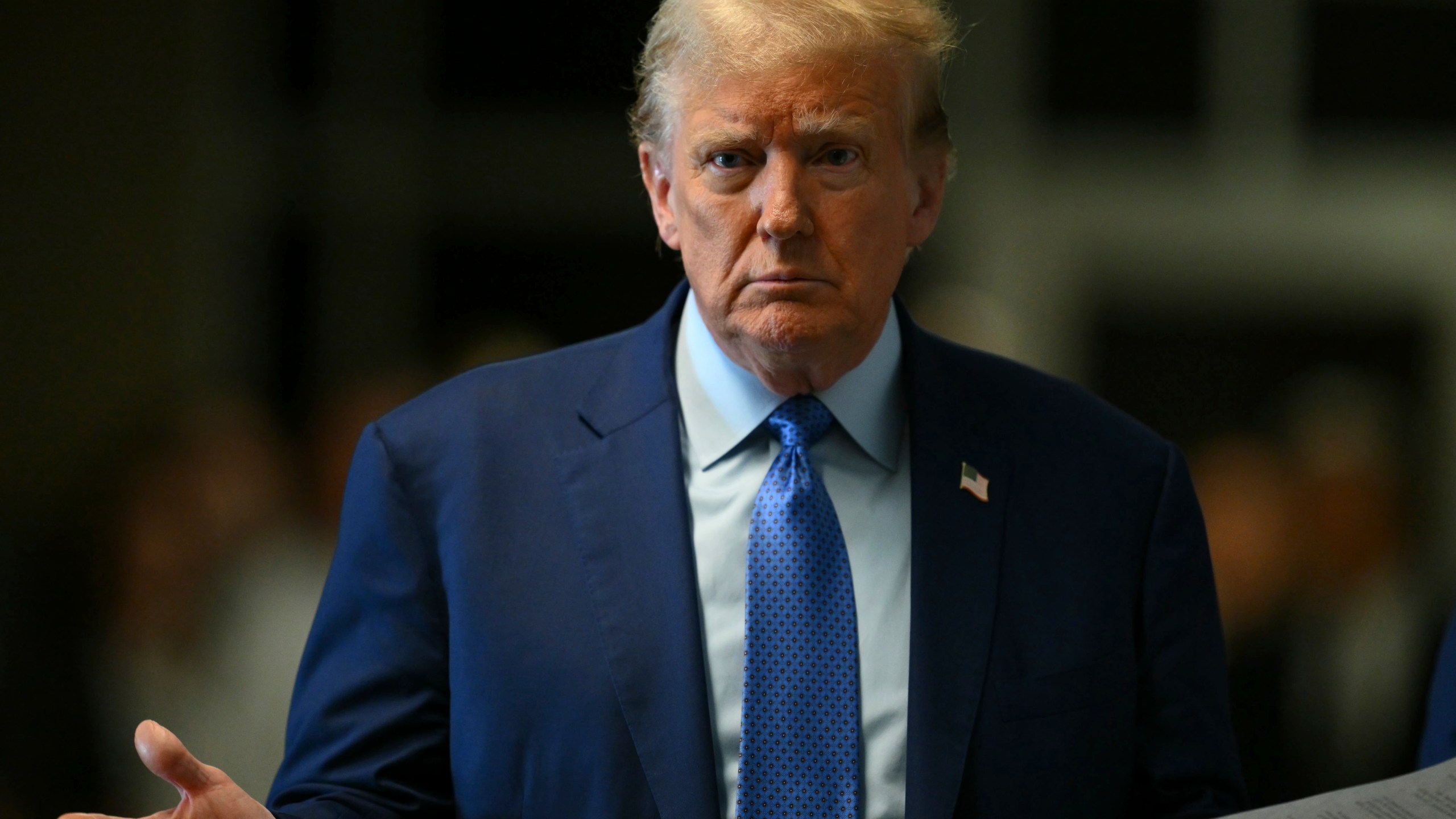 Former President Donald Trump speaks to reporters at Manhattan Criminal Court in New York, Thursday, May 9, 2024. (Angela Weiss/Pool Photo via AP)