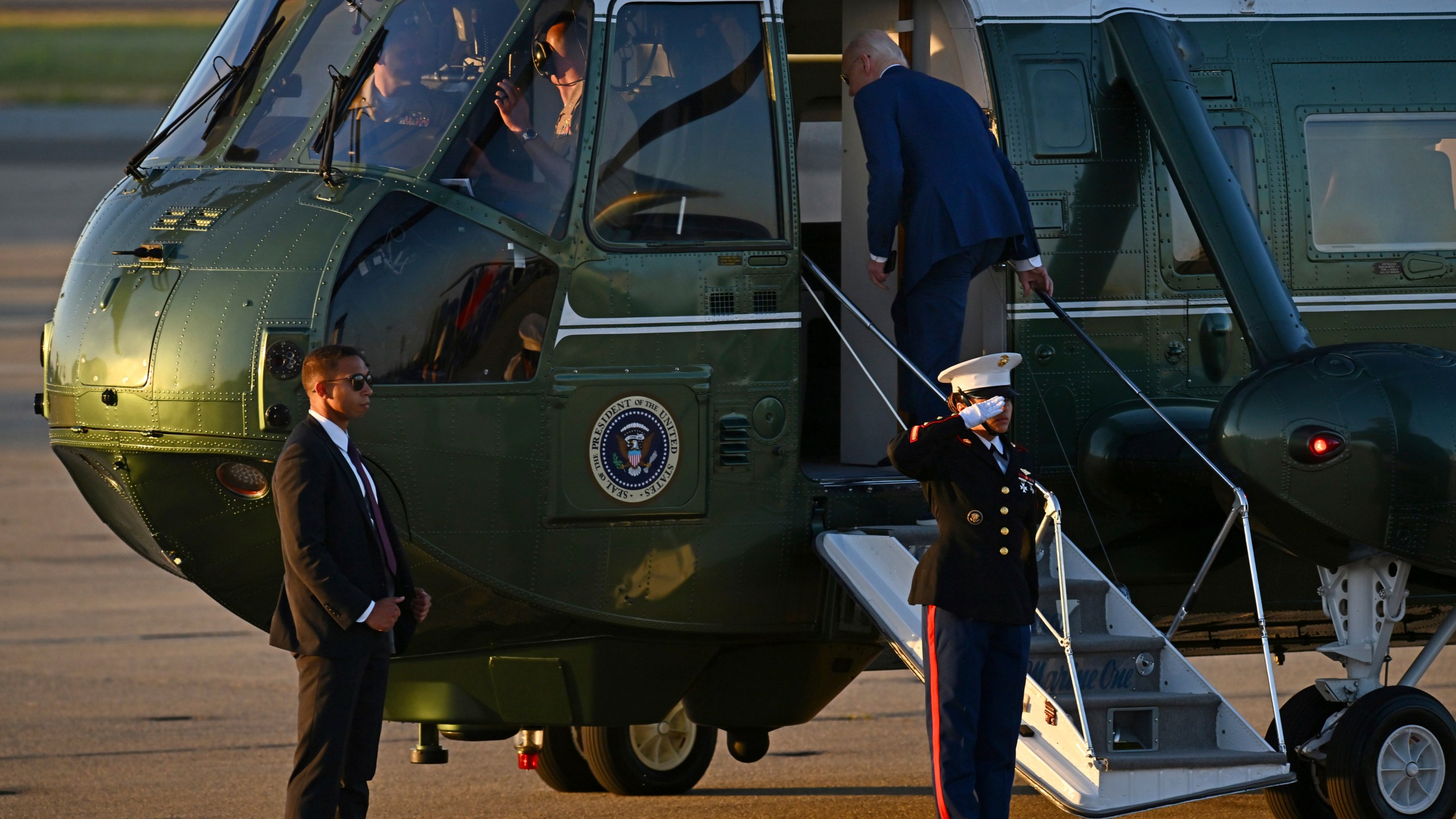 U.S. President Joe Biden boards Marine One at Moffett Airfield in Mountain View, Calif., Thursday, May 9, 2024. (Jose Carlos Fajardo/Pool Photo via AP)