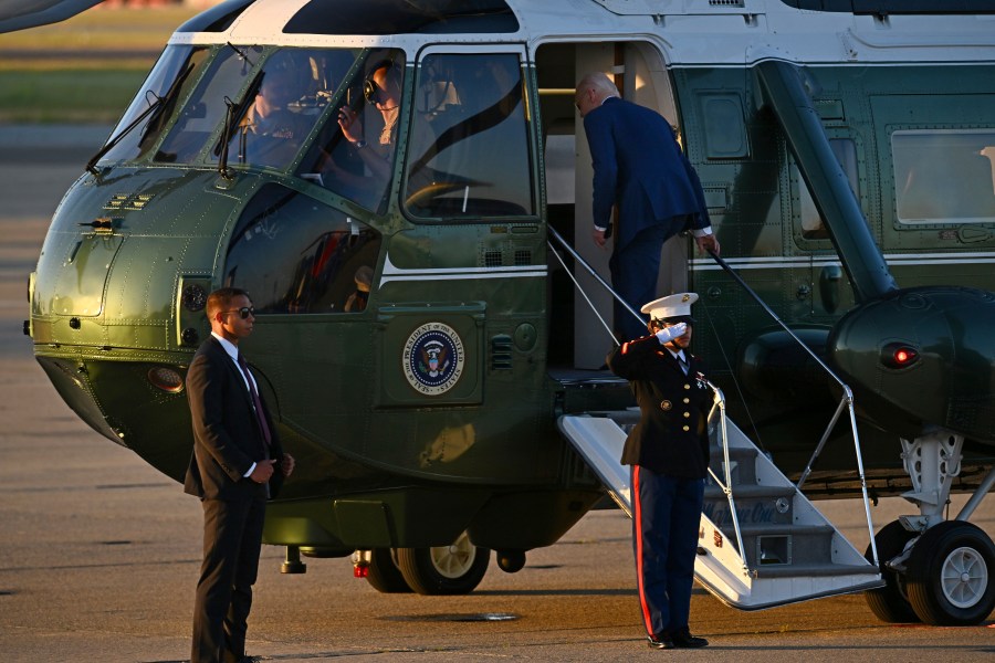 U.S. President Joe Biden boards Marine One at Moffett Airfield in Mountain View, Calif., Thursday, May 9, 2024. (Jose Carlos Fajardo/Pool Photo via AP)