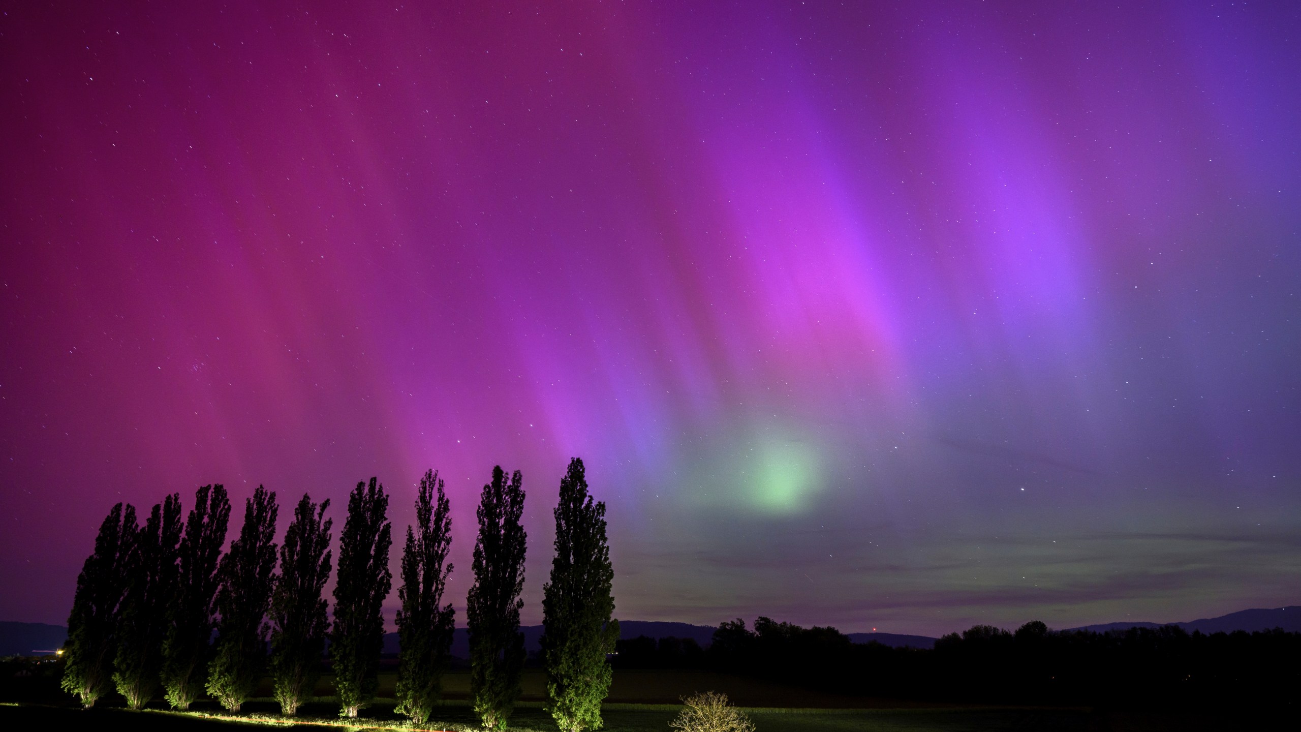 In this long exposure photograph, a car drives past and illuminates poplars as the northern lights glow in the night sky above the village of Daillens, Switzerland, early Saturday, May 11, 2024. (Laurent Gillieron/Keystone via AP)