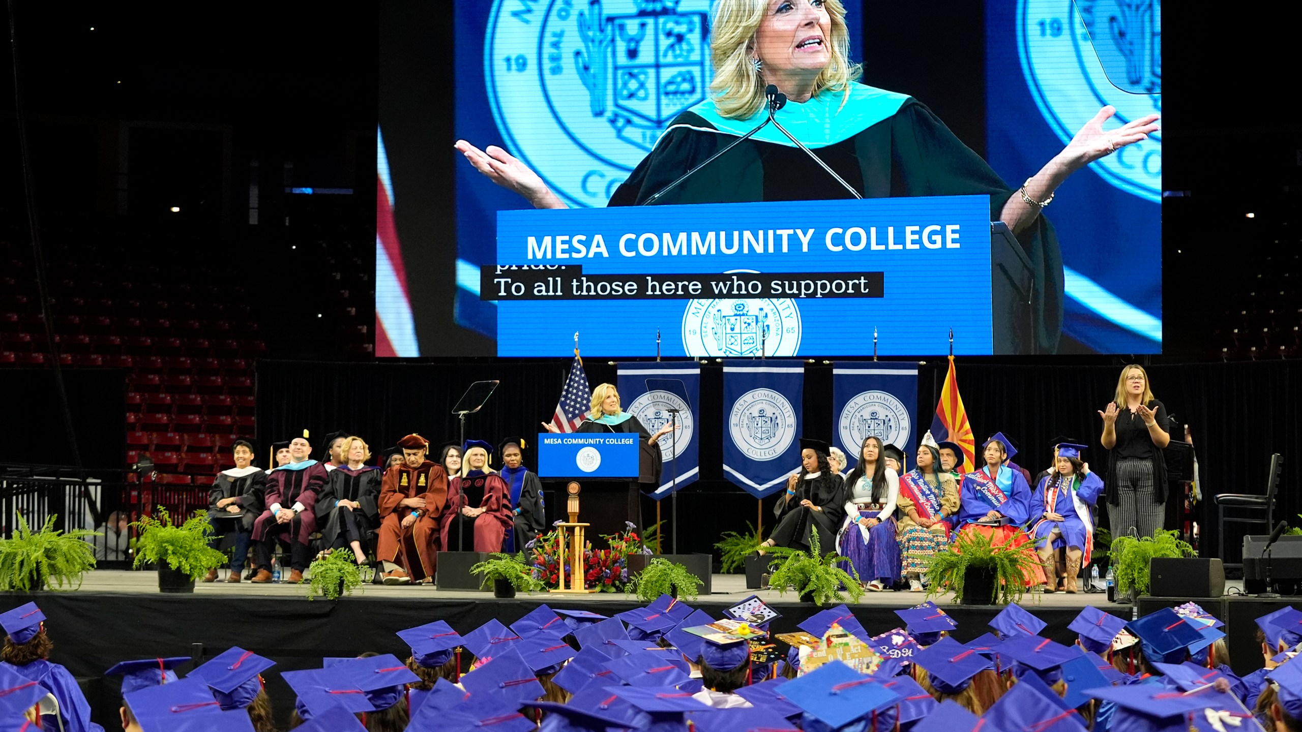 First lady Jill Biden speaks at the Mesa Community College commencement Saturday, May 11, 2024, in Tempe, Ariz. (AP Photo/Ross D. Franklin)