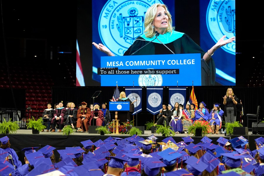 First lady Jill Biden speaks at the Mesa Community College commencement Saturday, May 11, 2024, in Tempe, Ariz. (AP Photo/Ross D. Franklin)