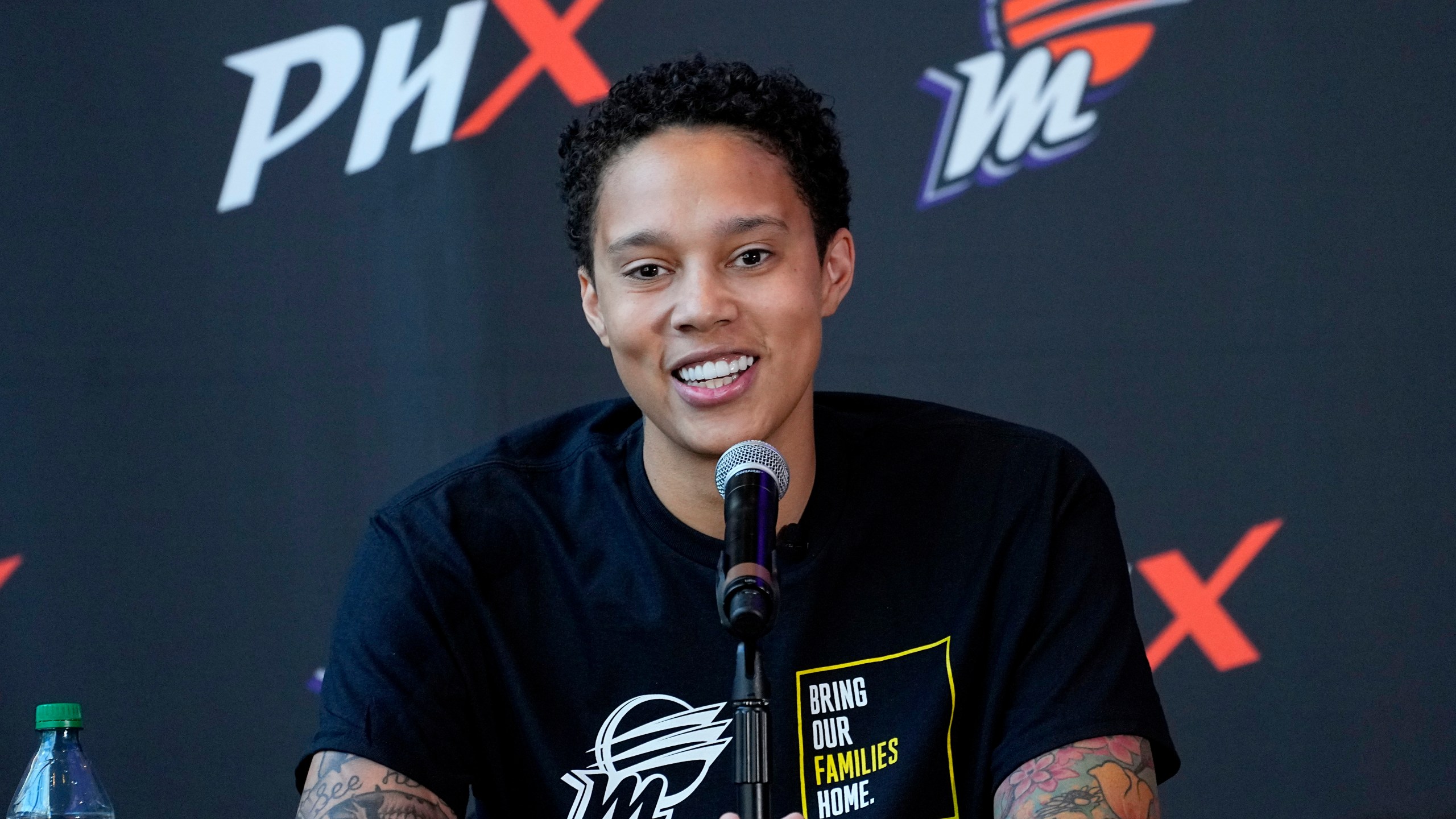 FILE - WNBA basketball player Brittney Griner speaks at a news conference, Thursday, April 27, 2023, in Phoenix. While many WNBA players play in international leagues to supplement their incomes, Griner says the only time she'll ever play outside country again is with the USA Basketball. (AP Photo/Matt York, File)