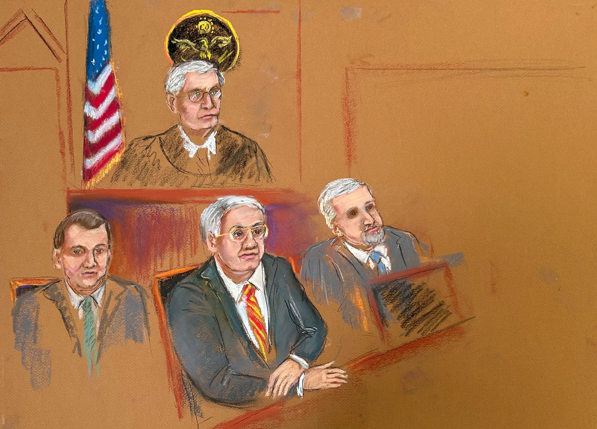 Wael Hana, left, Sen. Bob Menendez, center, and Fred Daibes, sit in Manhattan federal court with Judge Sidney H. Stein presiding during jury selection, Monday, May 13, 2024, in New York. Menendez, a Democrat, went on trial in Manhattan federal court Monday, accused of accepting bribes of gold and cash to use his influence to deliver favors that would help three New Jersey businessmen. (Candace E. Eaton via AP)