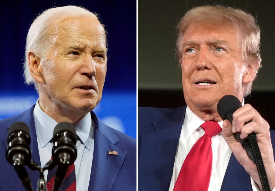 In this combination photo, President Joe Biden speaks May 2, 2024, in Wilmington, N.C., left, and Republican presidential candidate former President Donald Trump speaks at a campaign rally, May 1, 2024, in Waukesha, Wis. President Joe Biden says he won’t participate in the campaign debates sponsored by a nonpartisan commission, instead challenging Republican Donald Trump to a pair of debates. Biden said Wednesday that Trump lost two debates to him in 2020 and since then, he hasn’t shown up for a debate. Biden proposes debating Trump twice. (AP Photo)