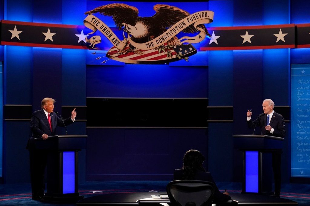 FILE - President Donald Trump, left, and Democratic presidential candidate former Vice President Joe Biden speak during the debate at Belmont University in Nashville, Tenn. on Oct. 22, 2020. President Joe Biden and Trump have agreed to participate in two general election debates: One in June and one in September. (AP Photo/Patrick Semansky, File)