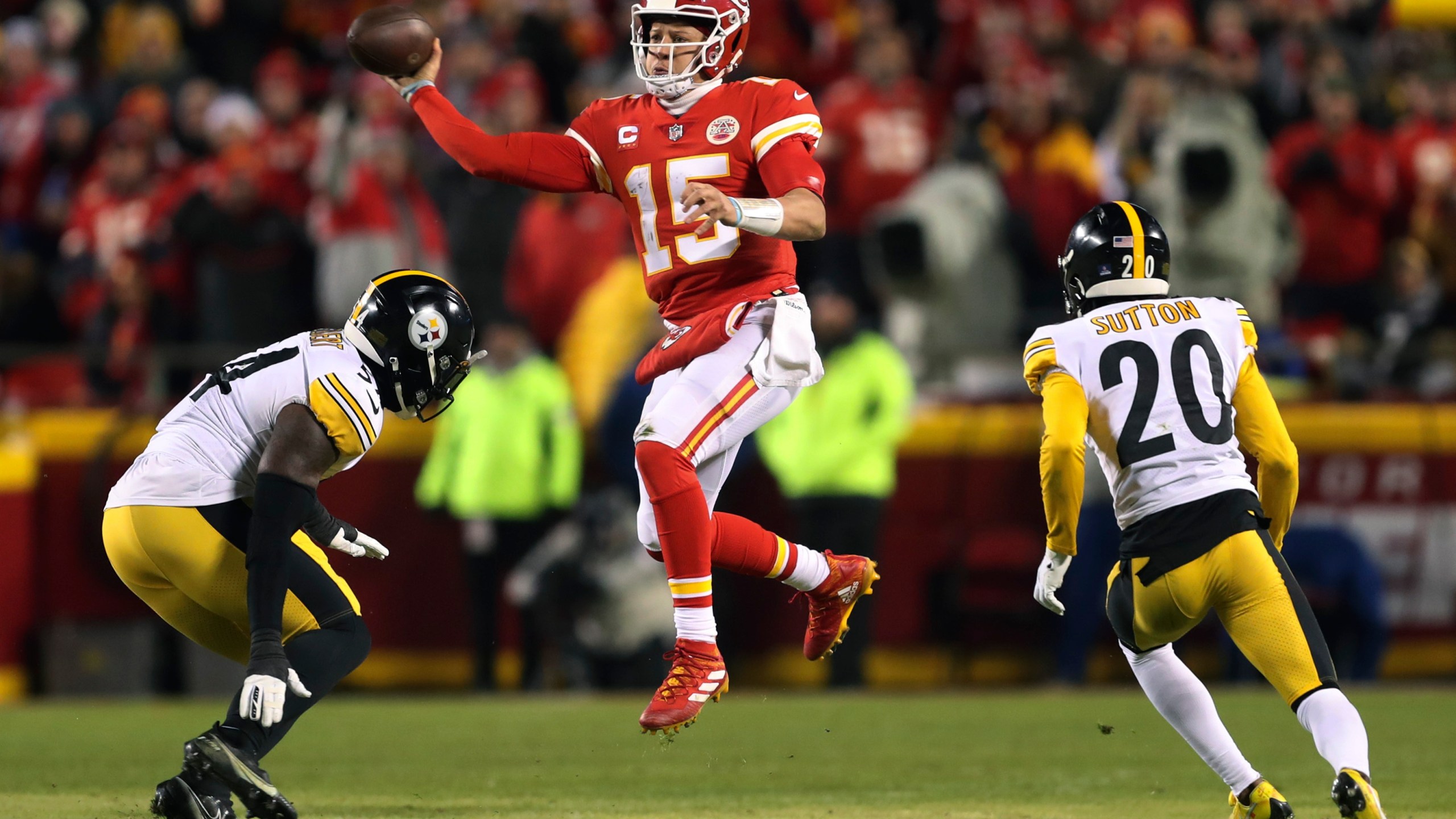 FILE - Kansas City Chiefs quarterback Patrick Mahomes (15) throws a pass during the first half of an NFL wild-card playoff football game against the Pittsburgh Steelers, Sunday, Jan. 16, 2022, in Kansas City, Mo. Netflix and the NFL announced a three-year deal Wednesday, May 15, 2024. to stream games on Christmas Day, which includes the Chiefs taking on Steelers on Dec. 25, 2024. (AP Photo/Travis Heying, File)