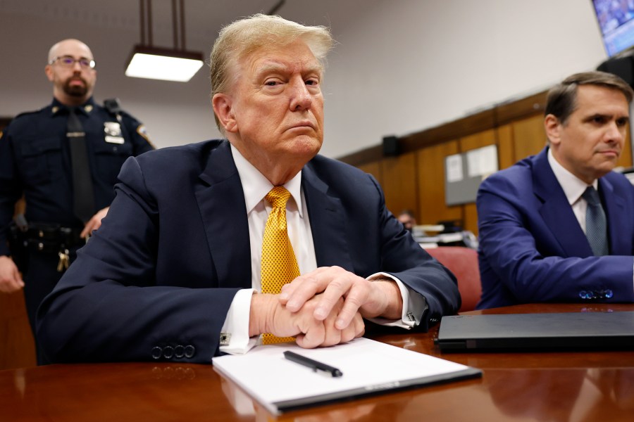 Former President Donald Trump sits in Manhattan Criminal Court on Tuesday, May 21, 2024 in New York. (Michael M. Santiago/Pool Photo via AP)