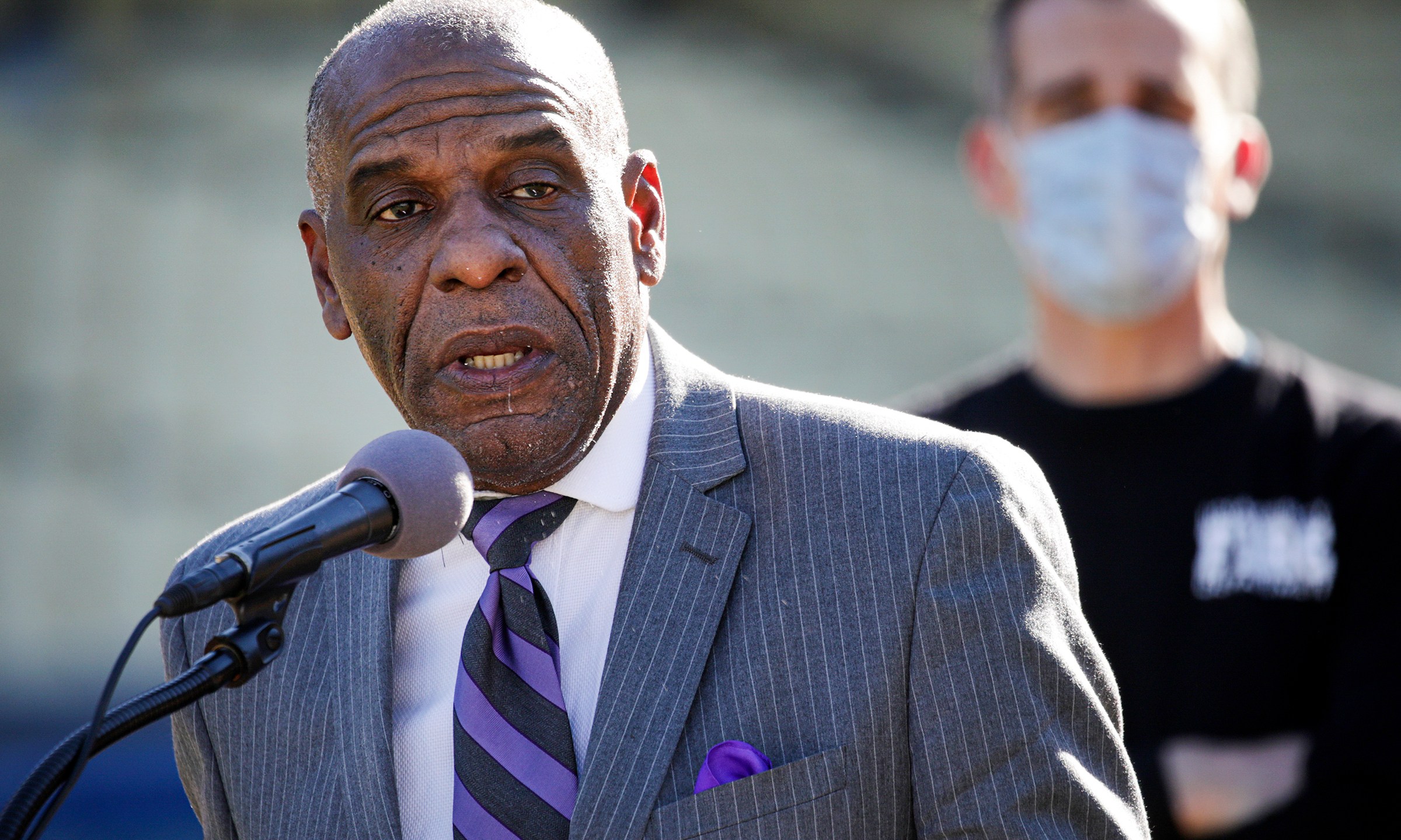 FILE - State Sen. Steven Bradford, D-Gardena, addresses a press conference at Dodger Stadium Jan. 15, 2021, in Los Angeles. The California Senate advanced a set of ambitious reparations proposals Tuesday, May 21, 2024, including legislation that would create a new agency to help Black families research their family lineage. (Irfan Khan/Los Angeles Times via AP, Pool, File)