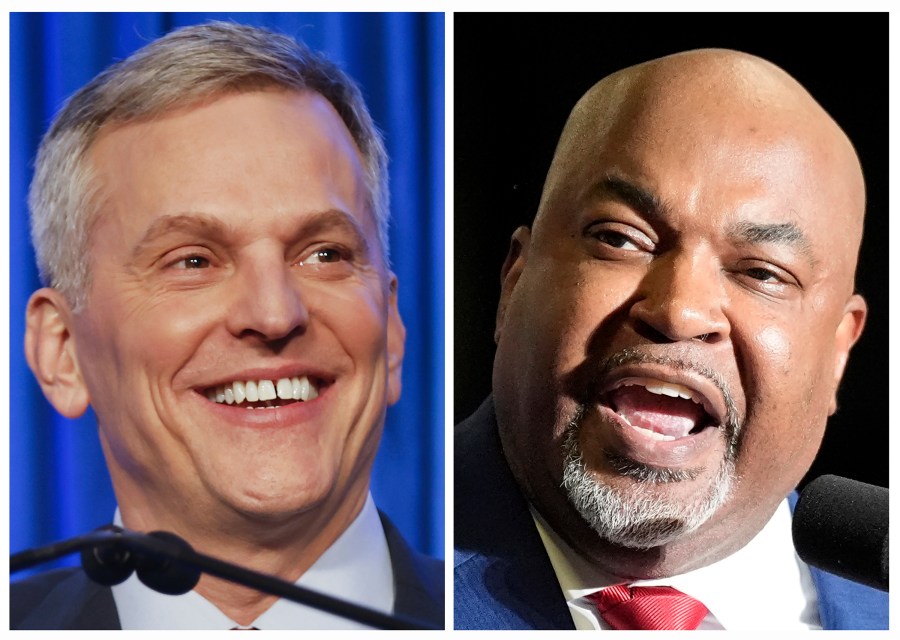 FILE - This combo image shows North Carolina Lt. Gov. Mark Robinson, right, speaking in Greensboro, N.C., March 2, 2024, and Democratic North Carolina gubernatorial candidate Josh Stein, left, speaking in Raleigh, N.C., March 5, 2024. North Carolina has been an underappreciated political battleground recently and not gotten the same attention as nearby Georgia or Florida or the traditional campaign hotbeds of the Rust Belt. That is changing in 2024, in part because of a potentially historic governor’s race that pits North Carolina’s centrist tendencies against the rise of populist conservatism in the era of Donald Trump. (AP Photo/File)