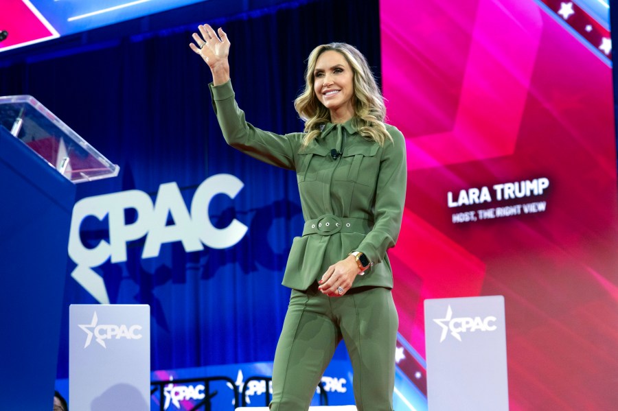 FILE - Lara Trump waves to the crowd before she speaks during the Conservative Political Action Conference, CPAC 2024, at the National Harbor in Oxon Hill, Md., Thursday, Feb. 22, 2024. (AP Photo/Jose Luis Magana, File)