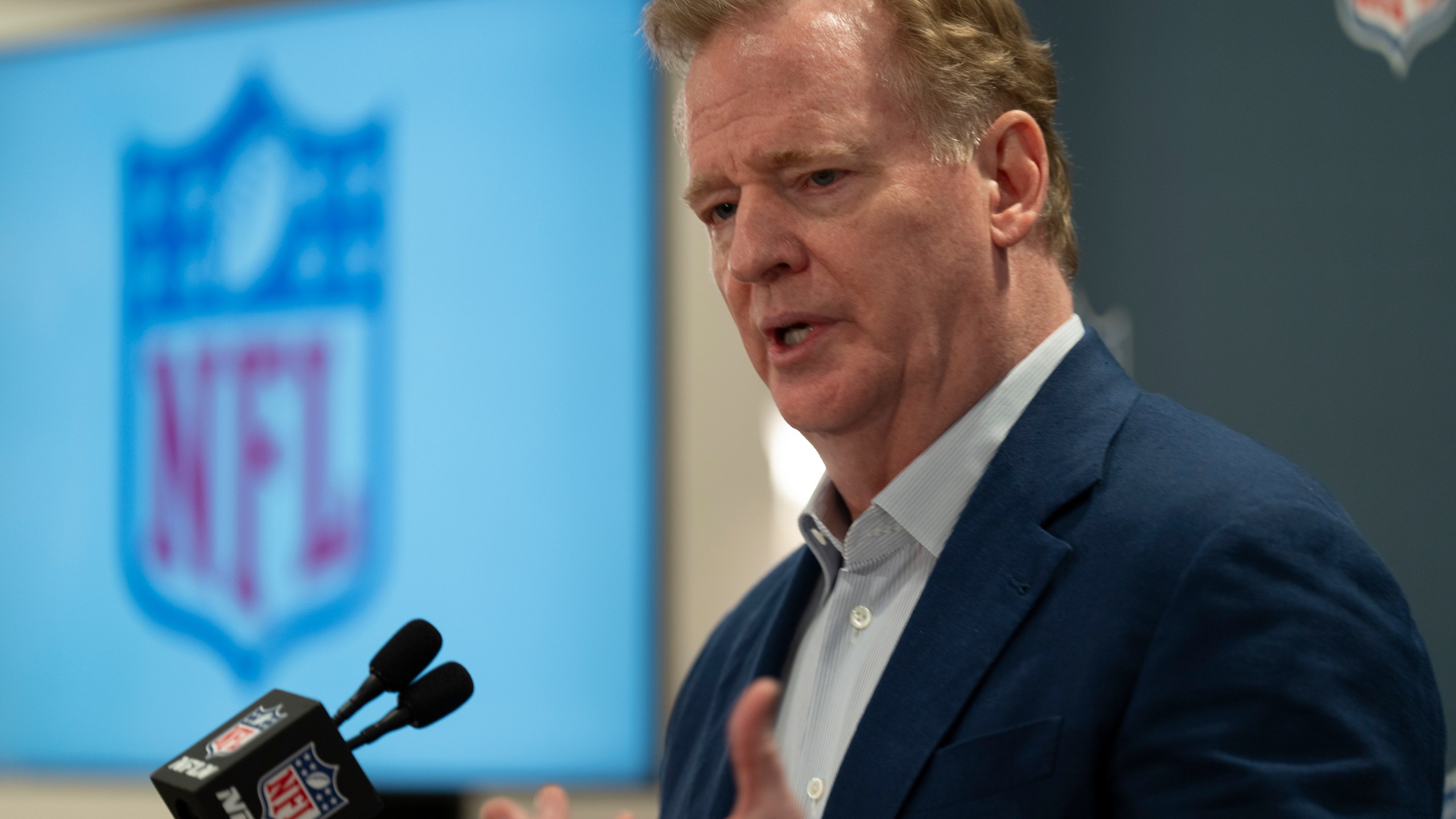 NFL Commissioner Roger Goodell responds to questions during a news conference after the football league's owners spring meetings Wednesday, May 22, 2024, in Nashville, Tenn. (AP Photo/George Walker IV)