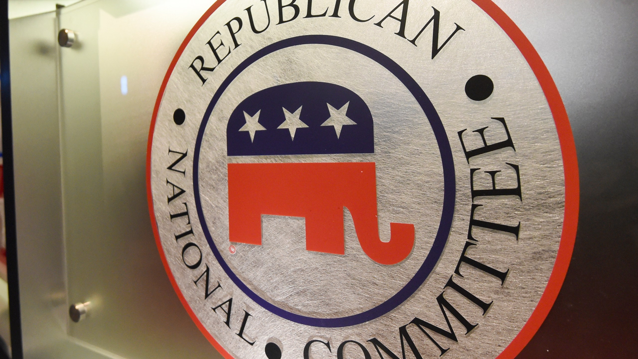 FILE - The Republican National Committee logo is shown on the stage at the North Charleston Coliseum, Jan. 13, 2016, in North Charleston, S.C. The Republican National Committee’s Washington headquarters was briefly evacuated on Wednesday as police investigated vials of blood that had been addressed to former President Donald Trump, the party’s presumptive presidential nominee. (AP Photo/Rainier Ehrhardt, File)