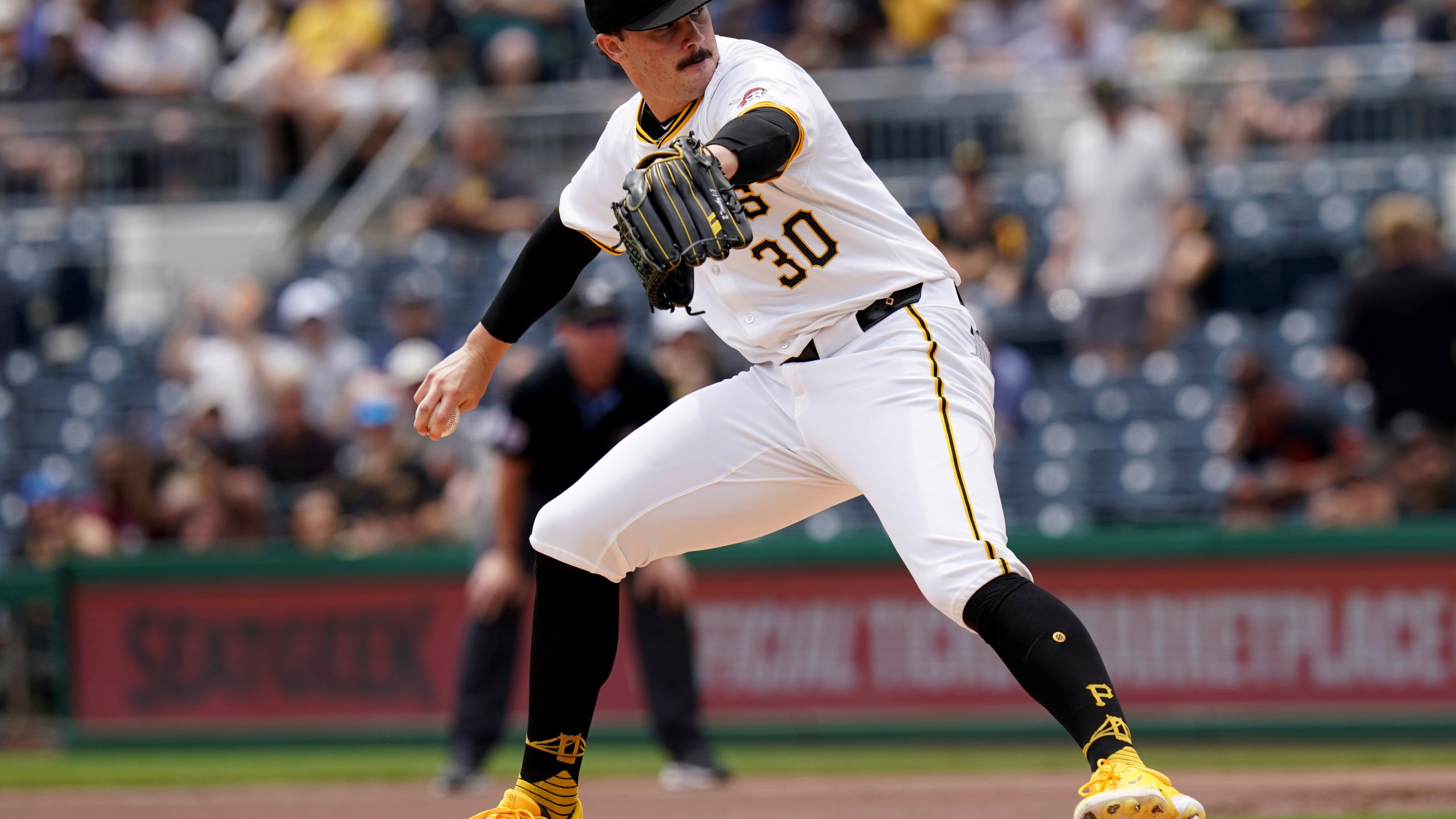 Pittsburgh Pirates starting pitcher Paul Skenes delivers during the first inning of a baseball game against the San Francisco Giants, Thursday, May 23, 2024, in Pittsburgh. (AP Photo/Matt Freed)