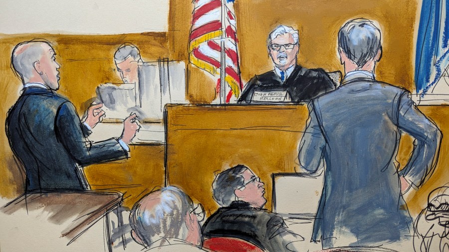 In this courtroom sketch, former President Donald Trump's defense attorney Emil Bove, left, and assistant district attorney Matthew Colangelo, right, argue various points on the jury charge to Judge Juan Merchan, Tuesday, May 21, 2024, in Manhattan criminal court in New York. (Elizabeth Williams via AP)