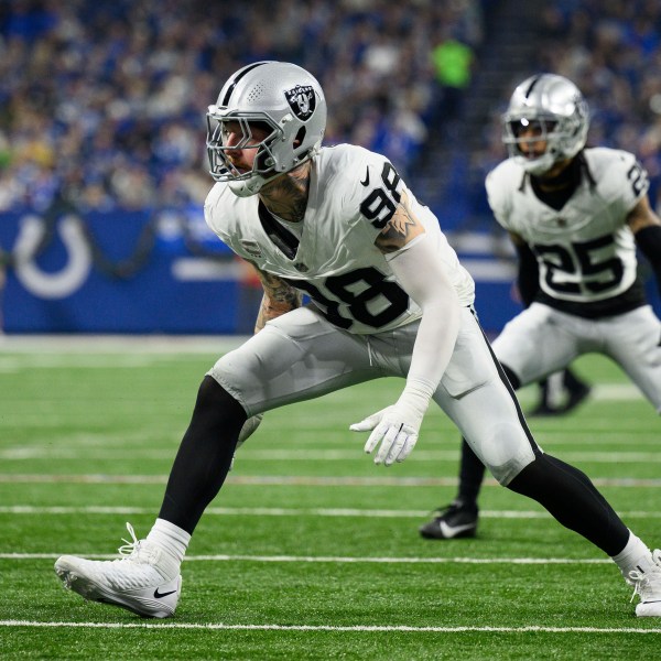 Las Vegas Raiders defensive end Maxx Crosby lines up for a play during game Dec. 31, 2023