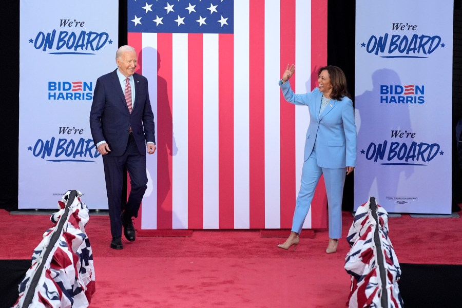 President Joe Biden and Vice President Kamala Harris arrive for a campaign event at Girard College, Wednesday, May 29, 2024, in Philadelphia. (AP Photo/Evan Vucci)