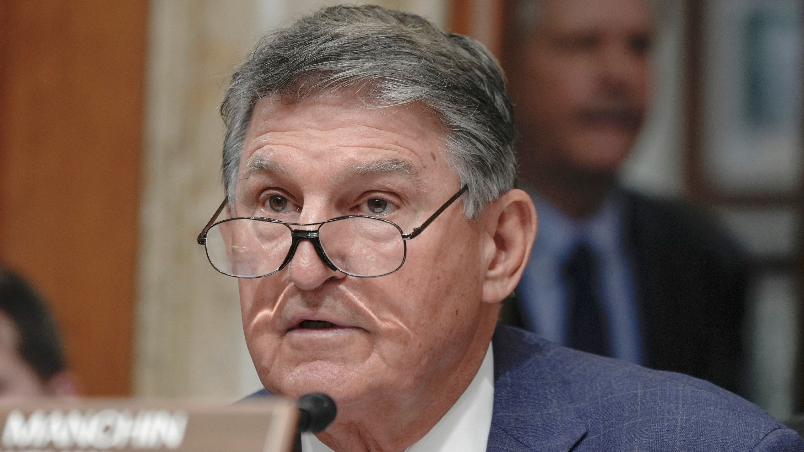 FILE - Sen. Joe Manchin, D-W.Va., asks a question during a Senate Energy and Natural Resources Committee hearing to examine the president's proposed 2025 Department of the Interior budget on Capitol Hill, May 2, 2024, in Washington. Manchin says he has registered as an independent, raising questions about his future political plans. (AP Photo/Mariam Zuhaib, File)