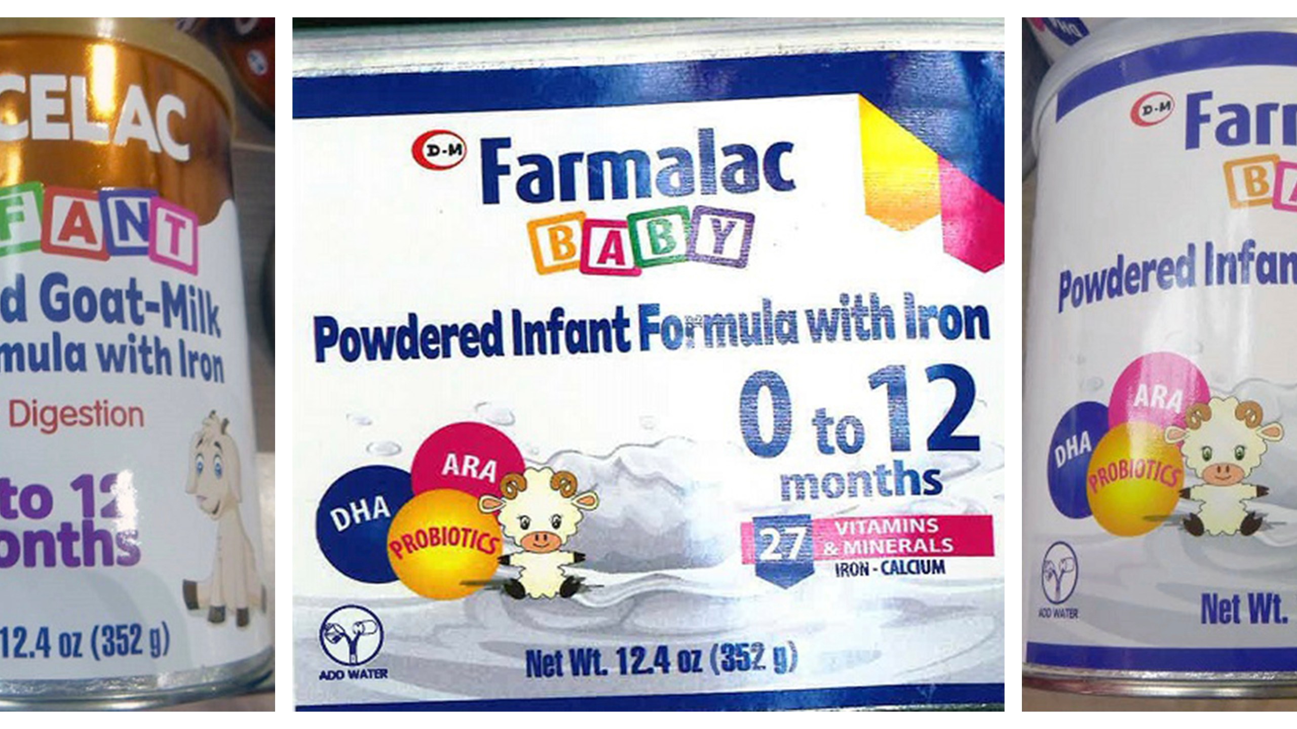 This combination of photos provided by the U.S. Food and Drug Administration shows packaging for, from left, CRECELAC INFANT Powdered Goat-Milk Infant Formula with Iron 0 to 12 months, Farmalac BABY Powdered Infant Formula with Iron 0 to 12 months, and Farmalac BABY Powdered Infant Formula with Iron Low Lactose 0 to 12 months. On Friday, May 31, 2024, U.S. health officials warned parents to avoid powdered infant formula sold by a Texas dairy producer, because a dangerous bacteria was found in one of the company's products. The previous week, the company voluntarily recalled the Crecelac formula and another brand, Farmalac, because they had not received approval by the FDA for sale in the U.S. (FDA via AP)