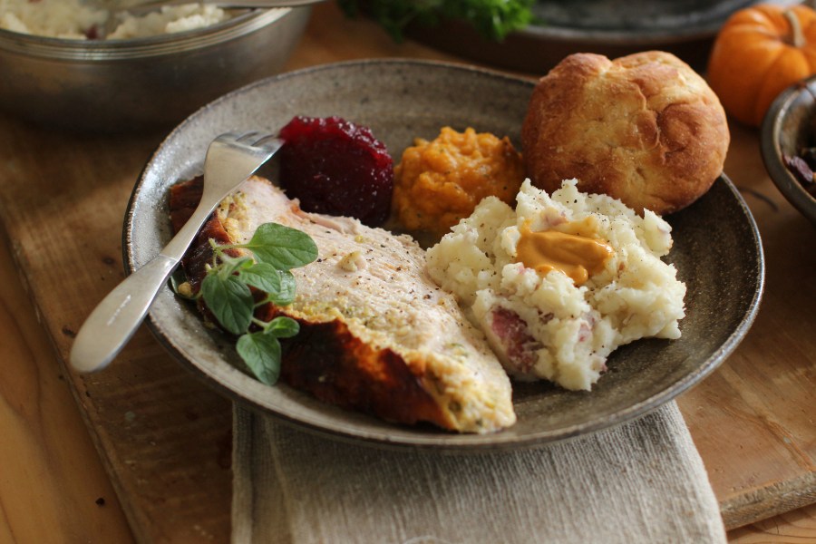 FILE - A dish with roast turkey breast is photographed in Concord, N.H., on Sept. 28, 2015. (AP Photo/Matthew Mead, File)